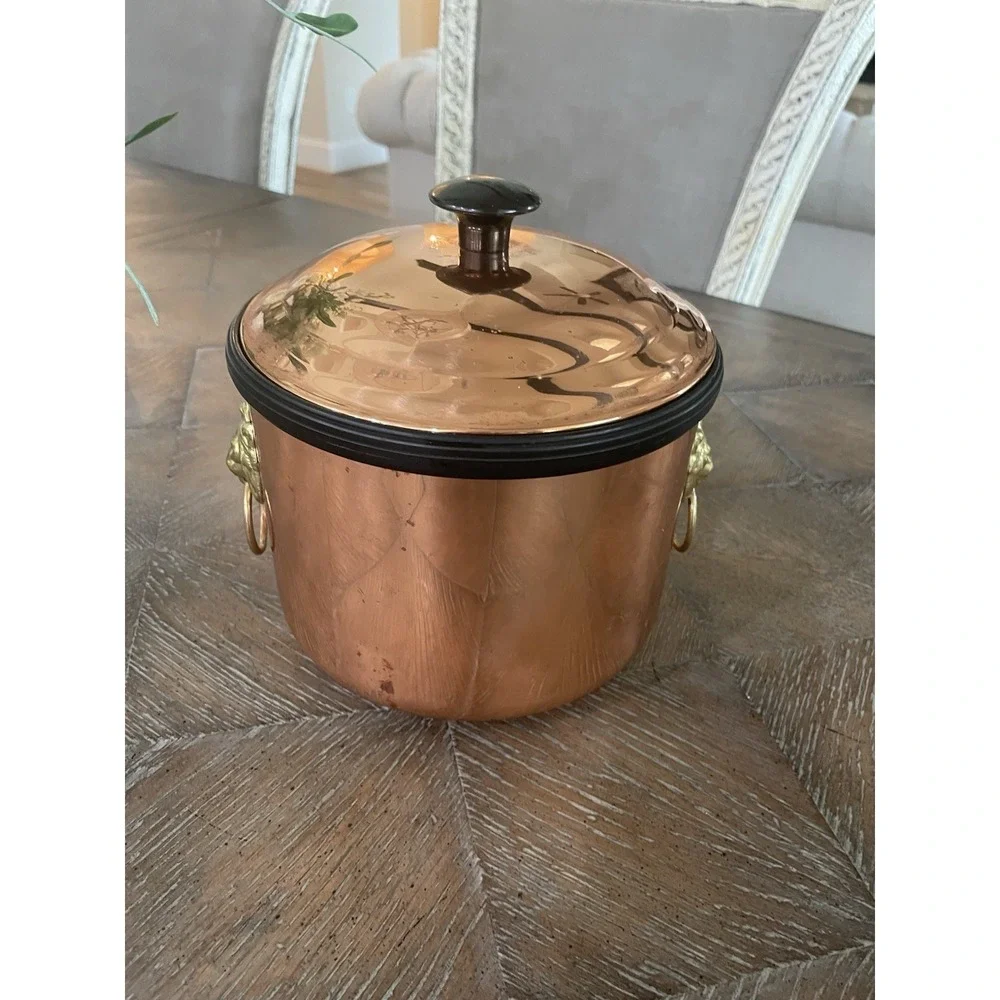 Vintage MCM Coppercraft Guild Copper Ice Bucket 2 Brass  Lion Head Handles 7x7